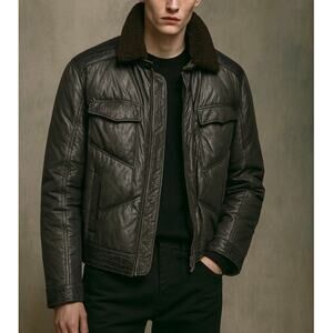 Roberto Cavalli Embossed Leather Trim Down Bomber Puffer Coat
